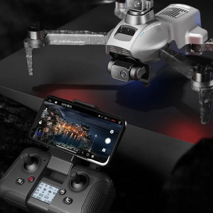 White foldable brushless quadcopter drone with 4K camera shown with remote control and carry case.