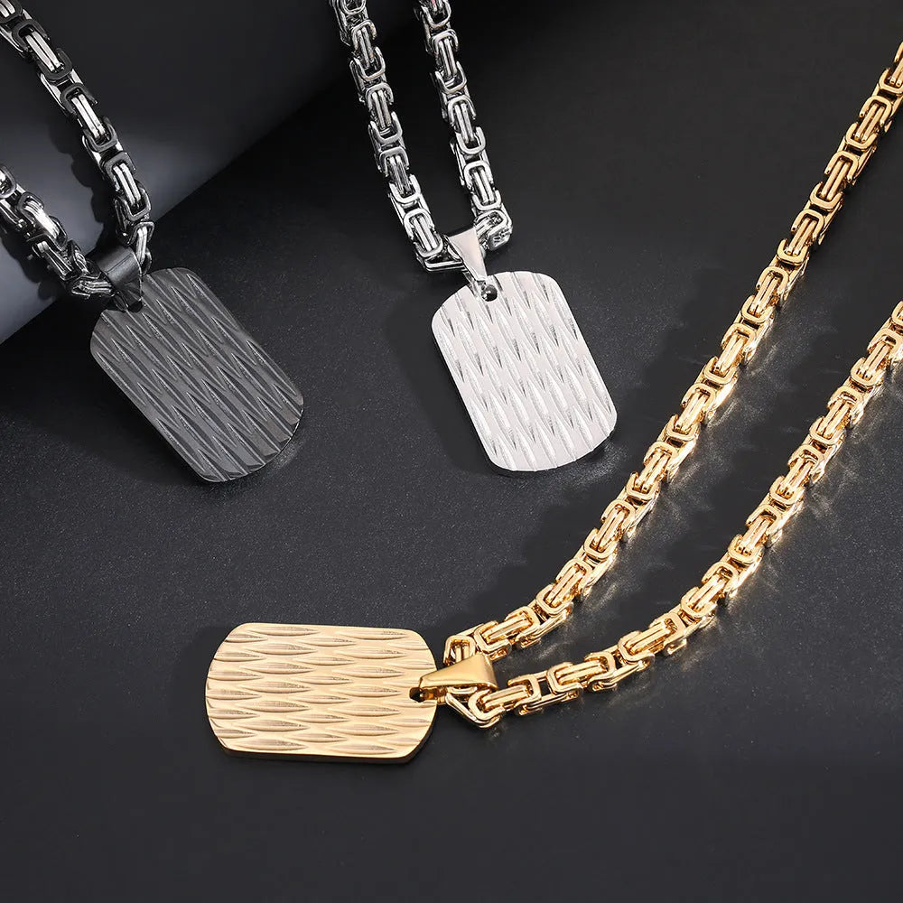 Men's titanium steel pendant necklace with water ripple geometric design on emperor chain in gold finish