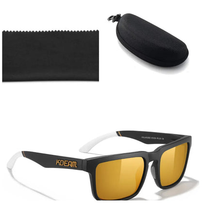 Square polarised sunglasses with TAC lenses and a PC frame, shown in one of 12 available colour options.