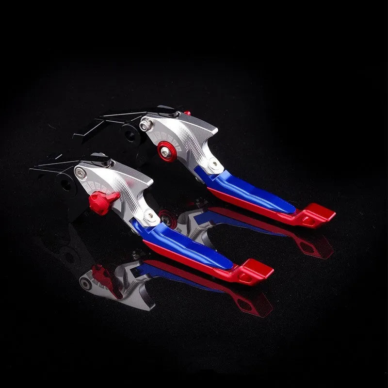 Motorcycle horn handle brake and clutch lever set in anodised metal with adjustable mechanism