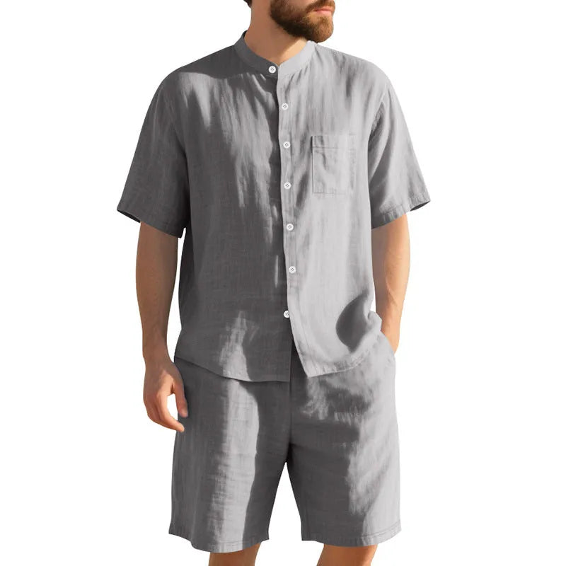 Men's light blue linen blend summer suit with short sleeve Henry collar jacket and matching shorts