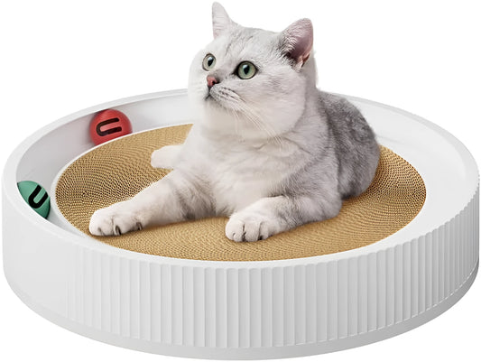 Green cat scratching board with 45cm diameter, high-density cardboard, and integrated ball toys for indoor cats