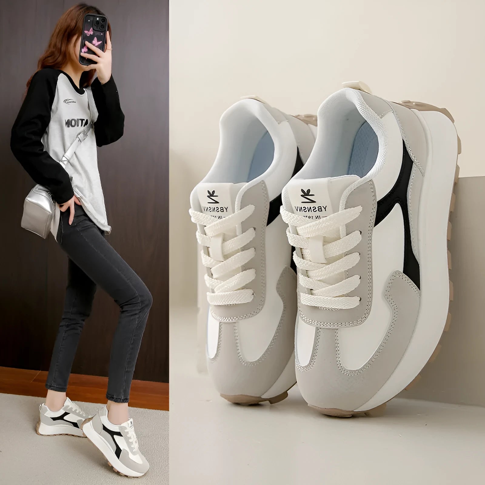 Women's solid colour low-top sports shoes with flat platform sole and lace-up front.