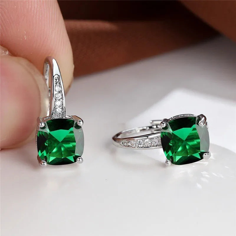 Square zircon inlaid ear hook earrings with geometric design and electroplated finish in golden tone