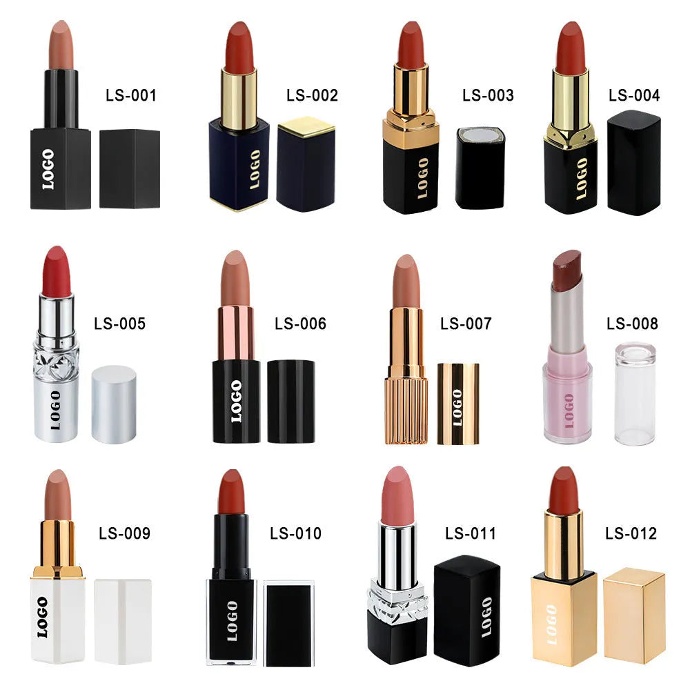 Beauty Does Not Fade matte finish lipstick in nonstick cup packaging, showing range of 24 colour shades.