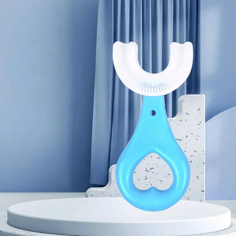 Children's U-shaped soft rubber toothbrush in pink and blue colours.