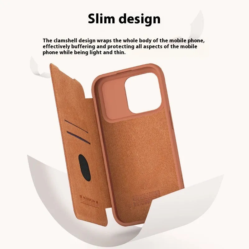 Flip-style imitation leather phone case for iPhone 14 Pro Max in black, brown, and red colour options