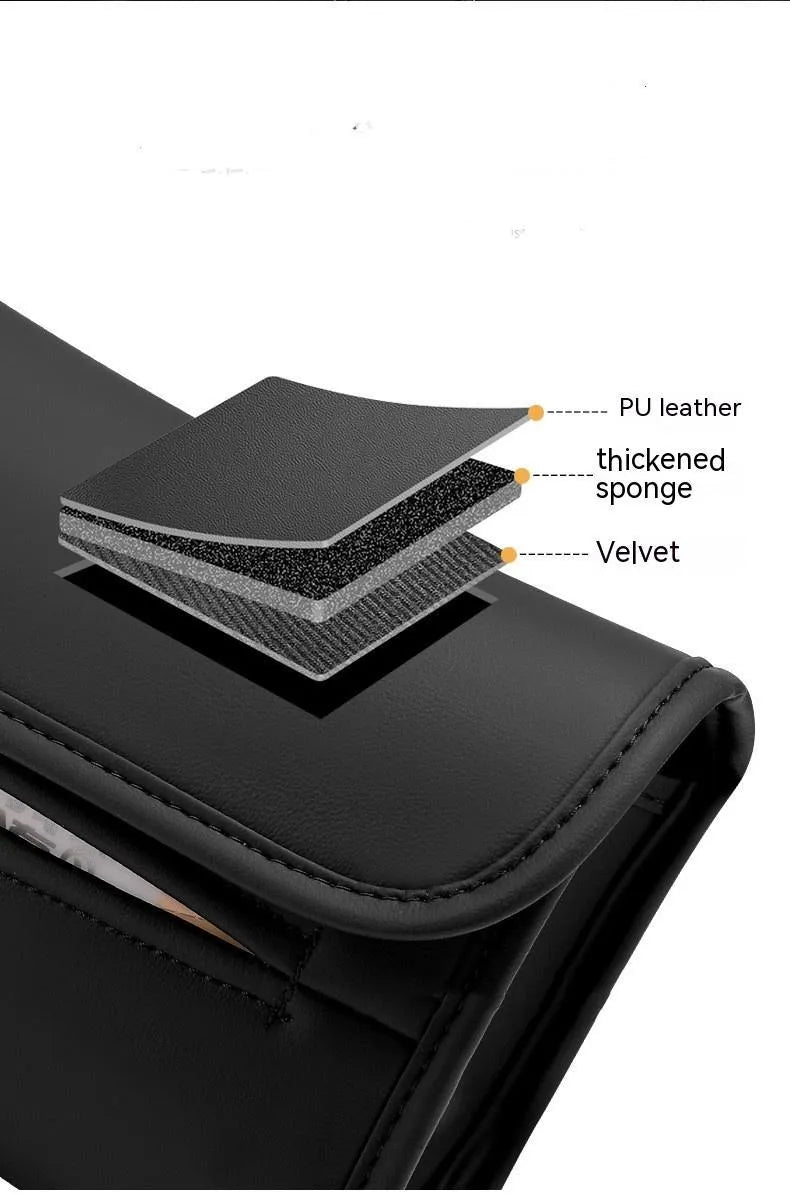 Leather car tissue box holder mounted on vehicle sun visor with elastic band installation
