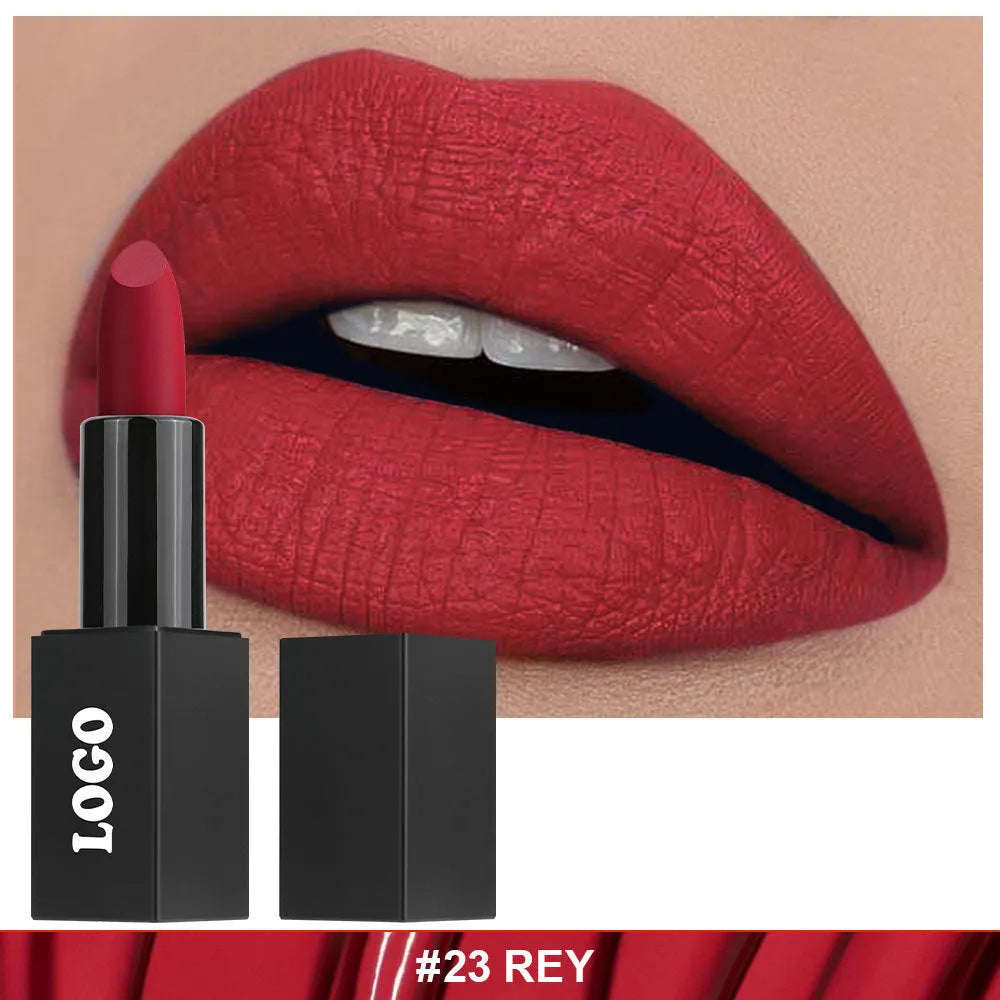 Beauty Does Not Fade matte finish lipstick in nonstick cup packaging, showing range of 24 colour shades.