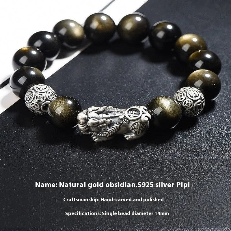 Men's geometric obsidian bracelet in polished sterling silver, shown in 12mm width size.