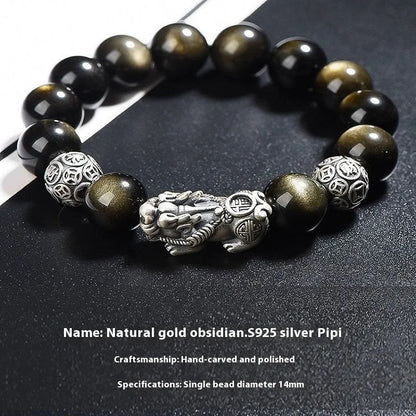 Men's geometric obsidian bracelet in polished sterling silver, shown in 12mm width size.