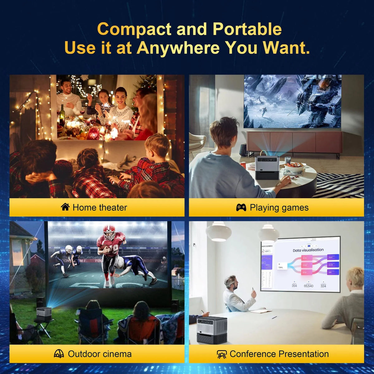 Silver mini projector with 720p resolution, 150 ANSI lumens, electric focus, and UK plug option