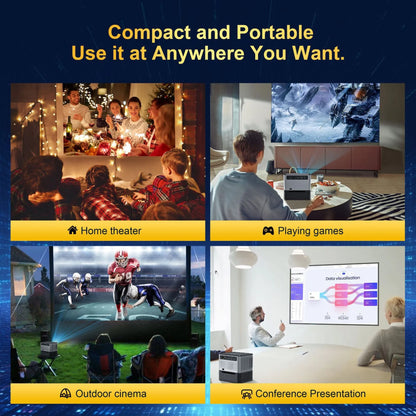 Silver mini projector with 720p resolution, 150 ANSI lumens, electric focus, and UK plug option