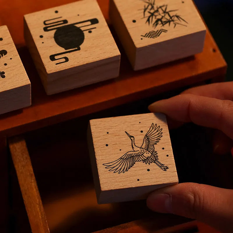 Mr. Paper wooden handle rubber stamp with crane design for DIY crafting.