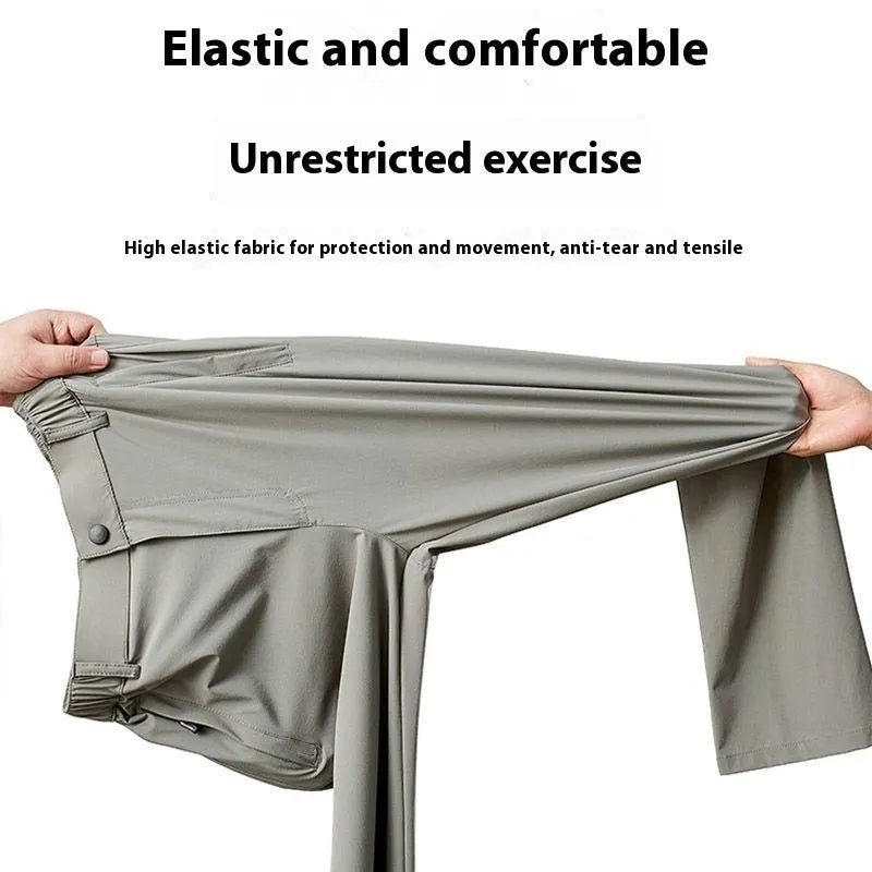 Men's black Ice Silk straight leg leisure trousers with elastic waistband laid flat