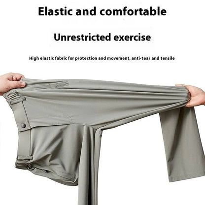 Men's black Ice Silk straight leg leisure trousers with elastic waistband laid flat