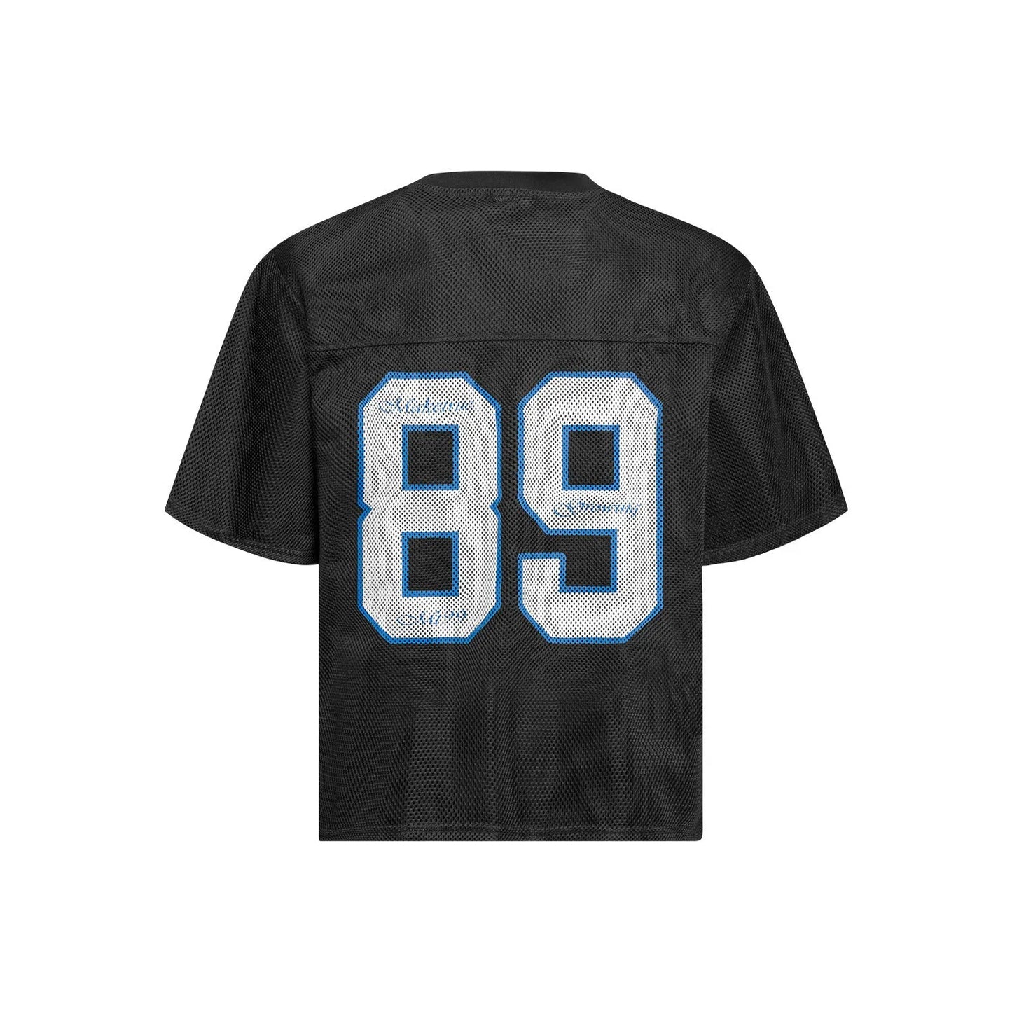 Man modelling a black loose-fitting T-shirt with a white alphanumeric graphic print on the chest.