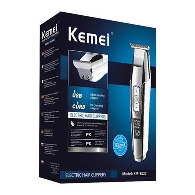 Professional barber scissors with LCD display and oil head engraving, universal electric clippers with stainless steel blades, rechargeable USB power supply at 5W for precise hair cutting with American Standard or European Standard specifications