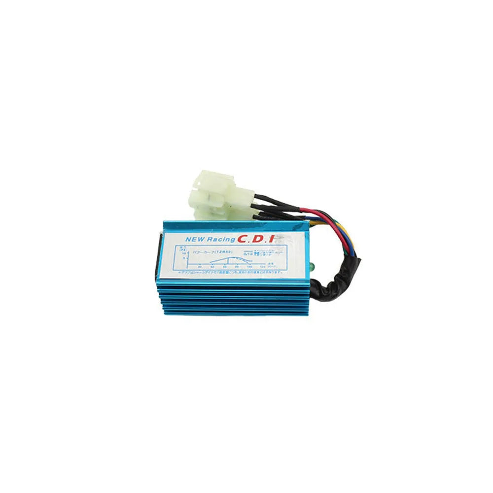 6-pin motorcycle CDI igniter with blue aluminium body and light for pedal 50 to 150CC engines