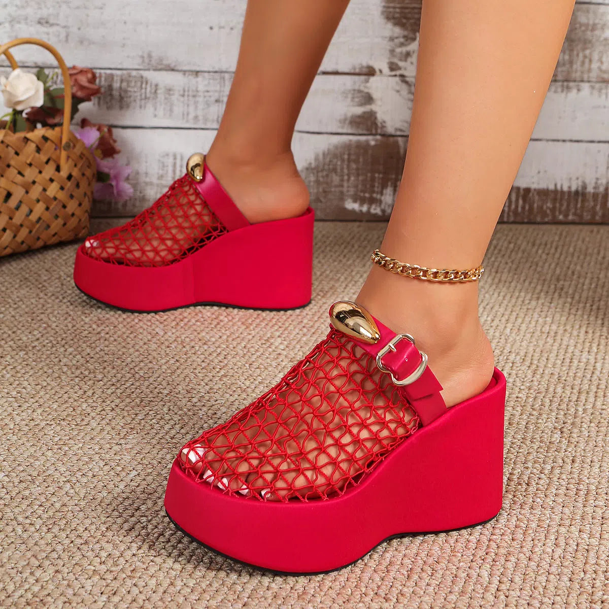 Openwork mesh sandals with metal buckle, thick rubber sole and ultra high heel over 8cm, in black, red or brown