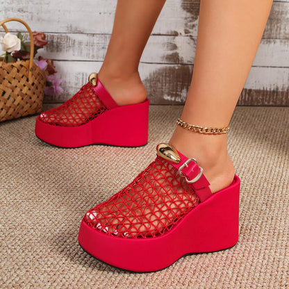 Openwork mesh sandals with metal buckle, thick rubber sole and ultra high heel over 8cm, in black, red or brown