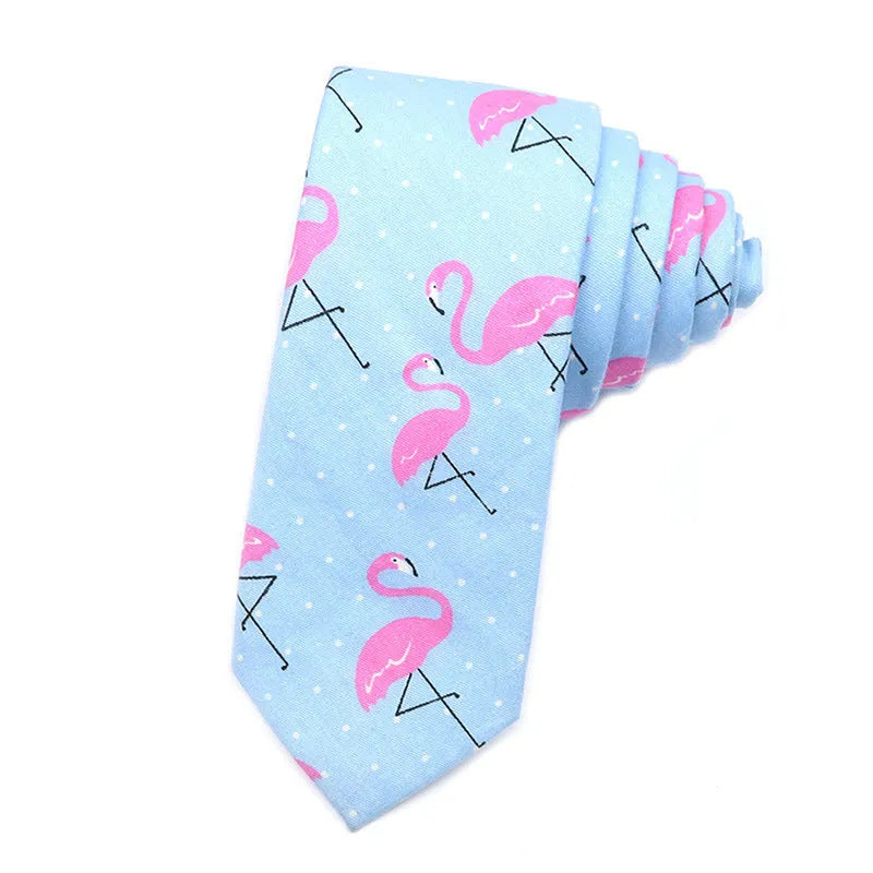 A narrow Korean-style cotton bow tie featuring a cartoon print, shown in a selection of colours.