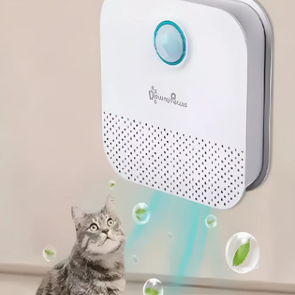 Small white DownyPaws cat odour purifier cube, 9.2cm wide, sitting near a litter box.