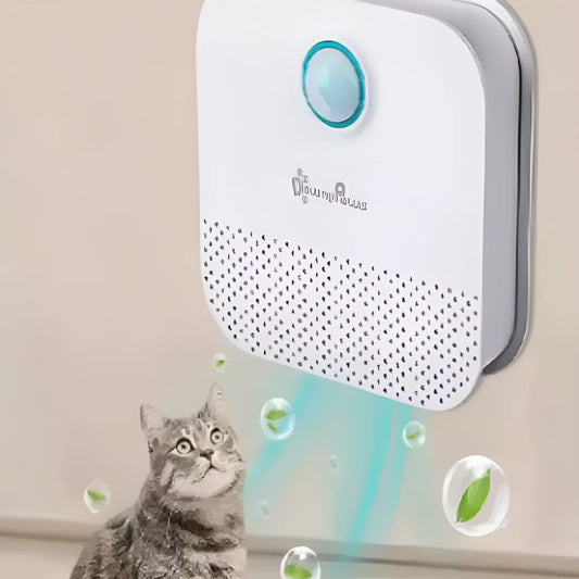 Small white DownyPaws cat odour purifier cube, 9.2cm wide, sitting near a litter box.