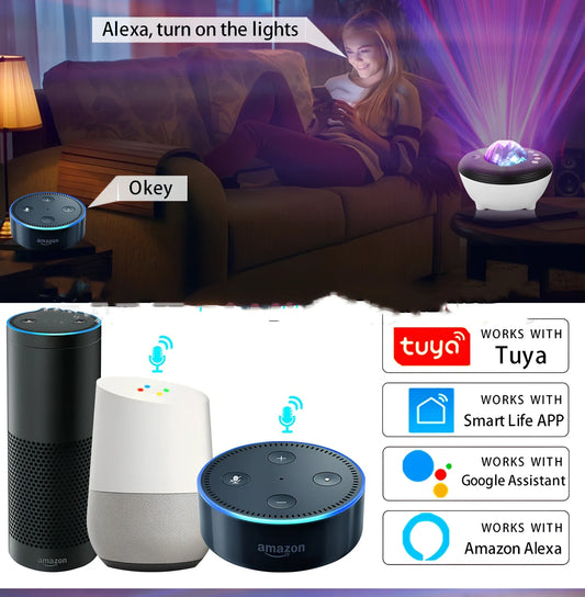 White Tuya smart northern lights projection light with 142mm diameter PVC lampshade and wireless remote control