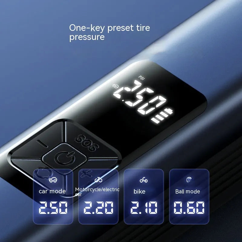 Handheld wireless car tyre inflator and vacuum cleaner with digital display on a black background.
