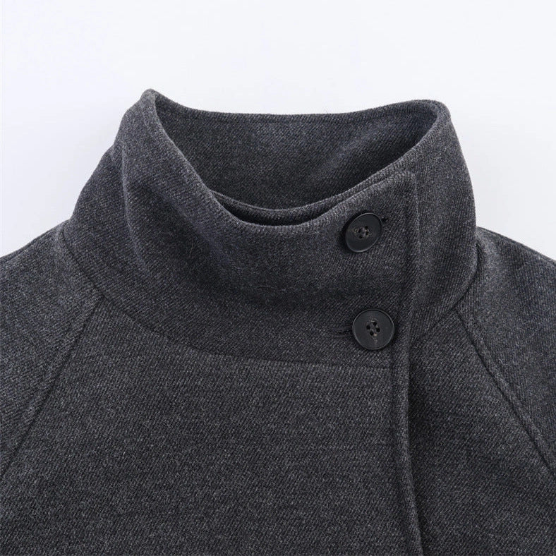 Grey women's stand collar belt overcoat with 100cm lengthened design and medium thickness construction