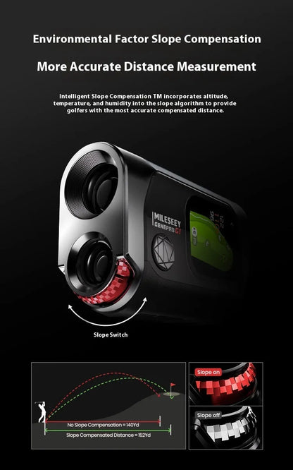 Black GenePro G1 GPS golf rangefinder showing its AMOLED touchscreen, held in hand.