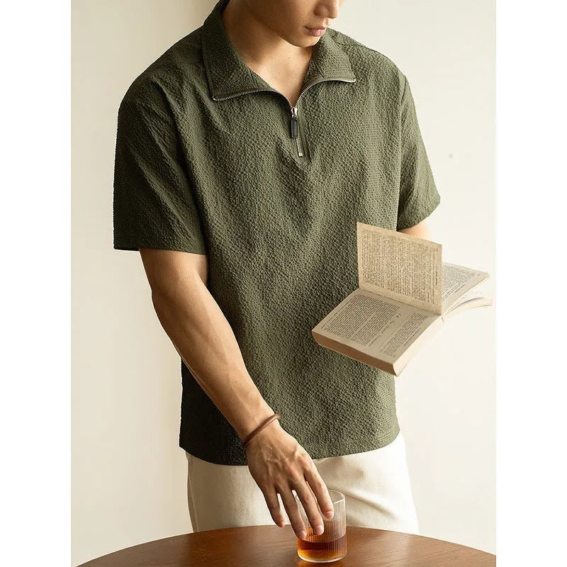 Men's loose-fit short sleeve T-shirt in cedar green, made from quick-drying ice silk polyester fabric.
