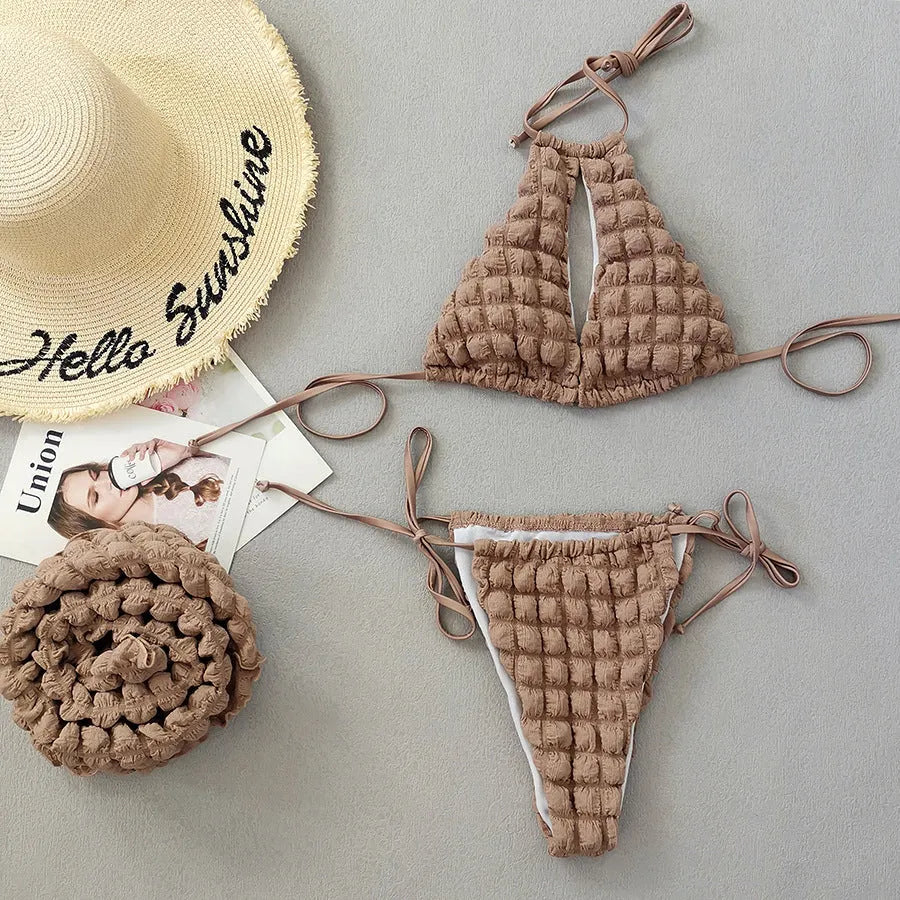 Brown seersucker lace-up three-piece women's swimsuit bikini set with skirt.