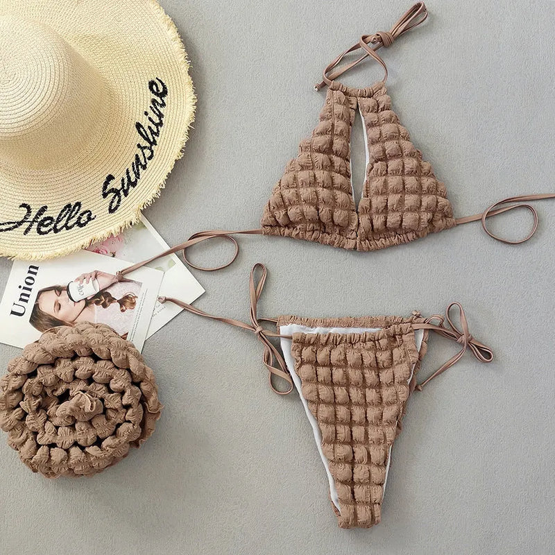 Women's swimsuit three-piece bikini set in brown seersucker fabric, lace-up design with high elasticity for sports and swimming, available in sizes S M L with matching top, pants, and skirt.