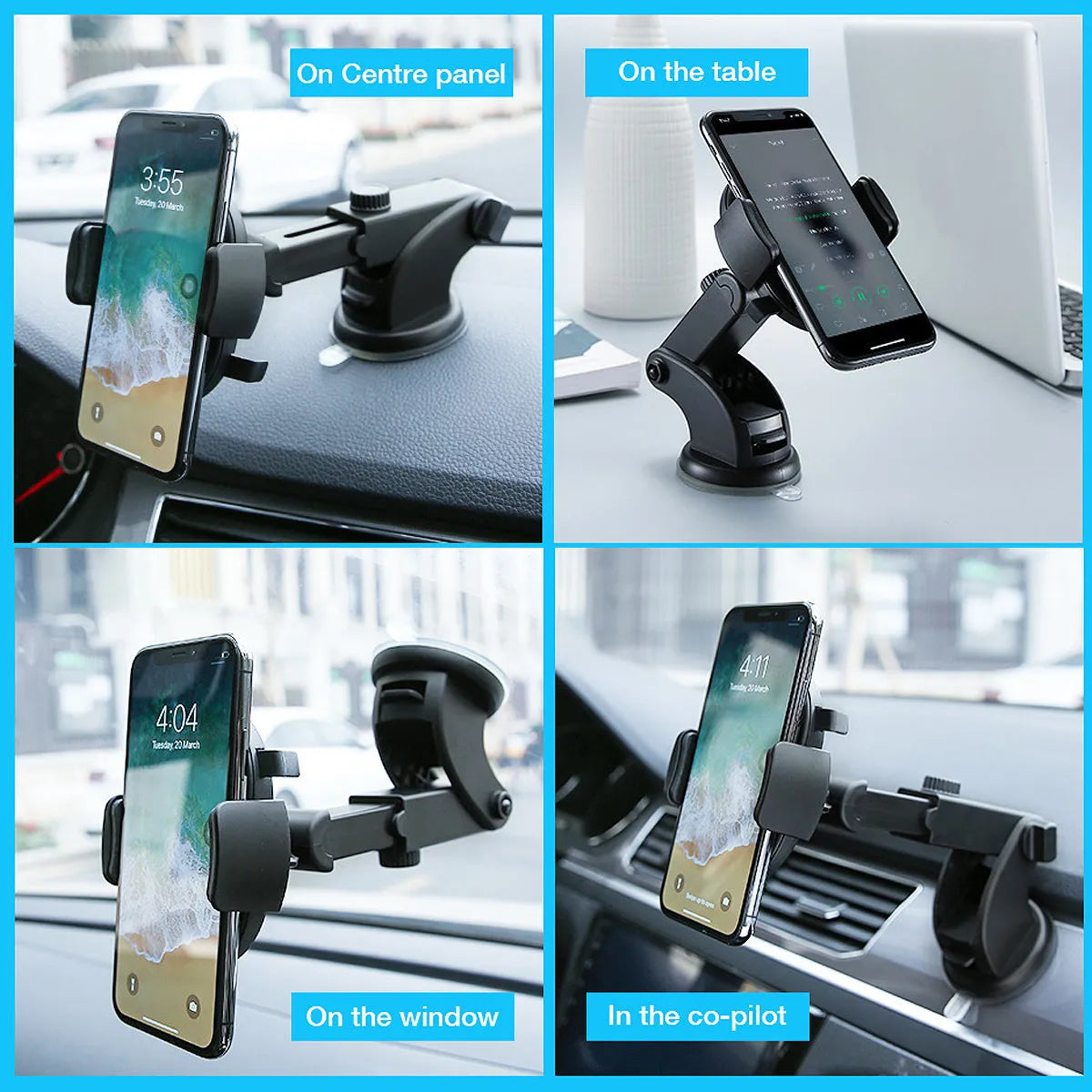Yellow and black car phone holder with telescopic arm extended, gel pad, and 360-degree rotation on a dashboard