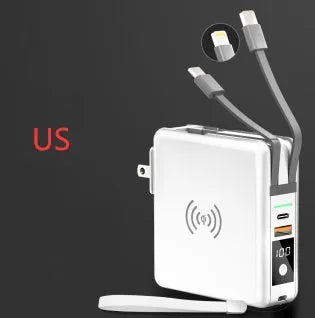 Super QI Wireless Charging Treasure PD20W Fast Power Bank showing integrated plug design and wireless charging surface