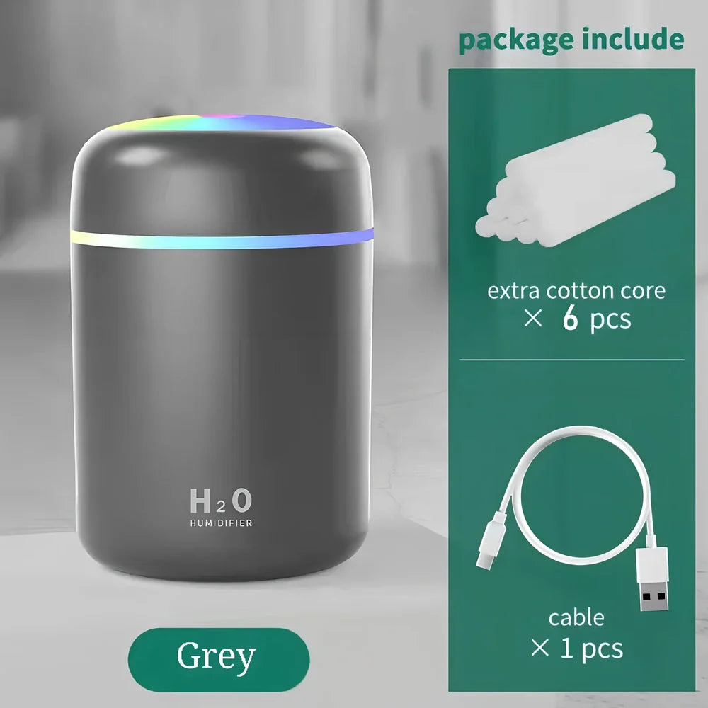 Compact USB car humidifier with colourful LED light and 300ml water tank for vehicle use