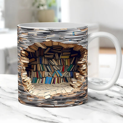 3D bookshelf ceramic mug in colour A, 9.8x8cm, 350ml capacity with handle for book lovers
