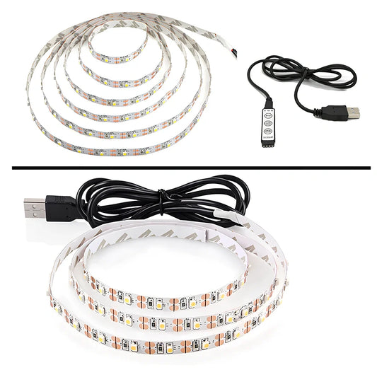 USB-powered LED light strip with 60 beads per metre showing RGB colours and dimming controller