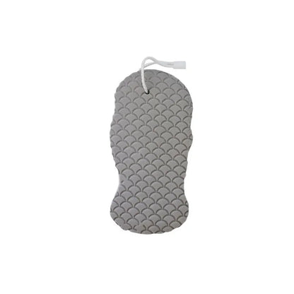 White 3D bath ball sponge with a fish scale exfoliating texture on a blue background.