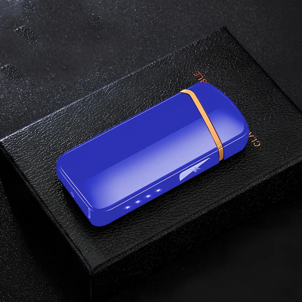 Zinc alloy charging lighter in black brushed finish, 80x35x13 mm with windproof arc and USB port