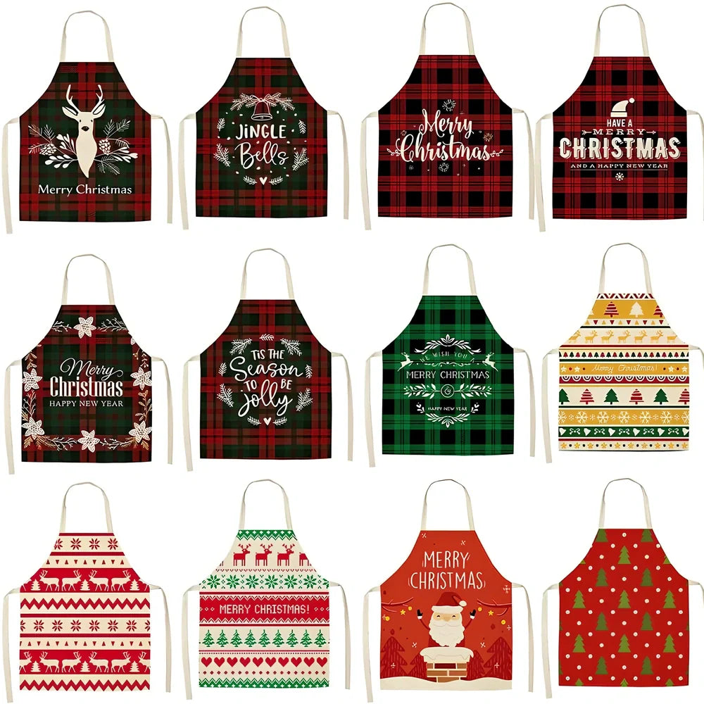 Cotton linen Christmas apron with adjustable straps showing 68x55 cm coverage area