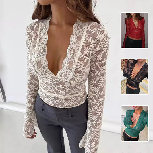 Y2K fashion women's long sleeve top with floral lace detailing in slim fit