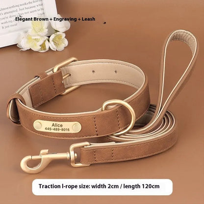 Double-layer leather dog collar with mohair lining in rose red, brown, or blue, adjustable for dogs 7-65 pounds, includes traction rope