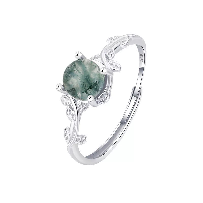 Adjustable S925 silver green moss agate stone finger ring with geometric design