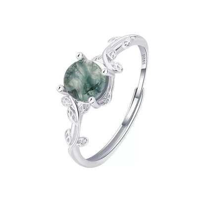 Adjustable S925 silver green moss agate stone finger ring with geometric design