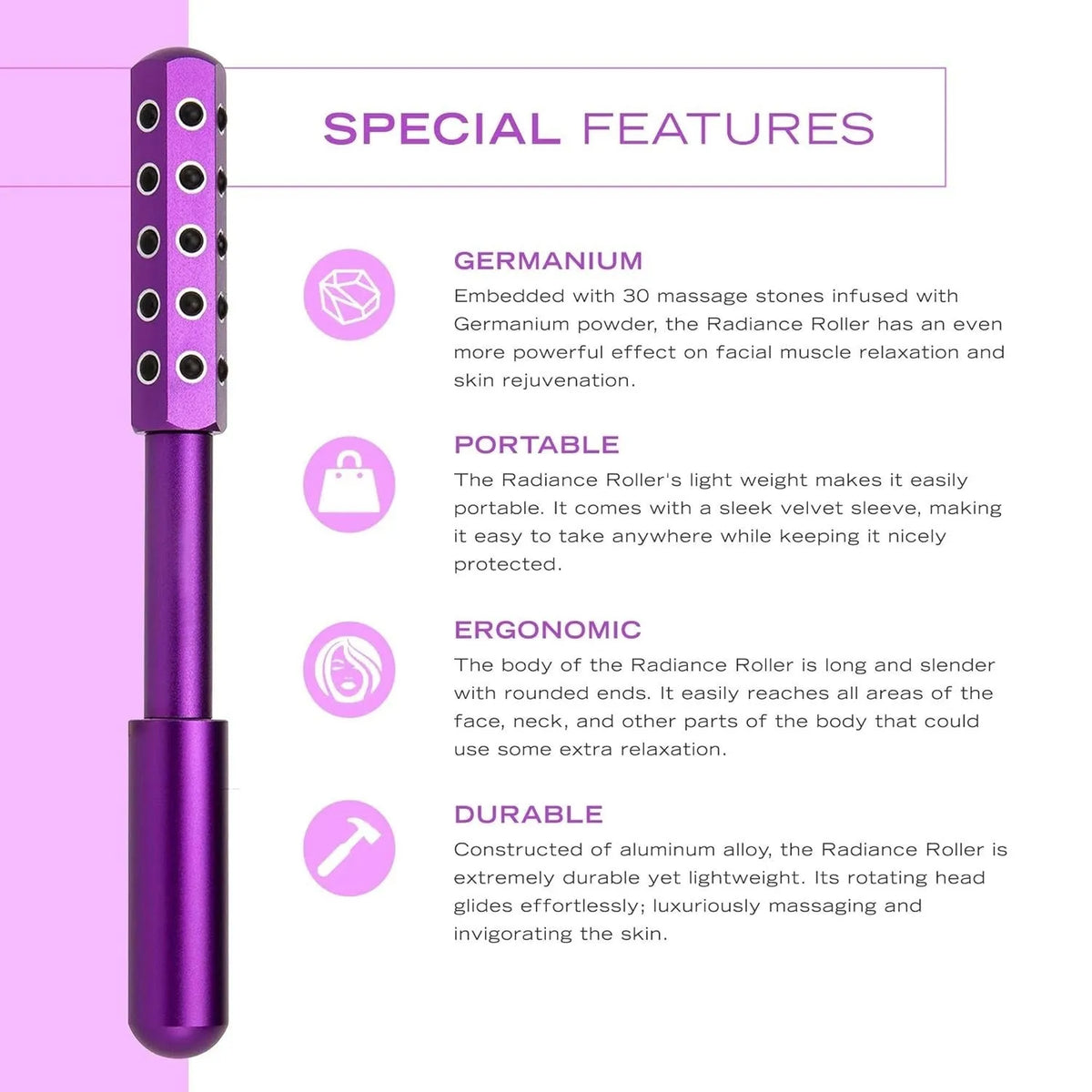 Germanium stone beauty stick 172mm facial massage roller in purple, rose gold or black highlight finish