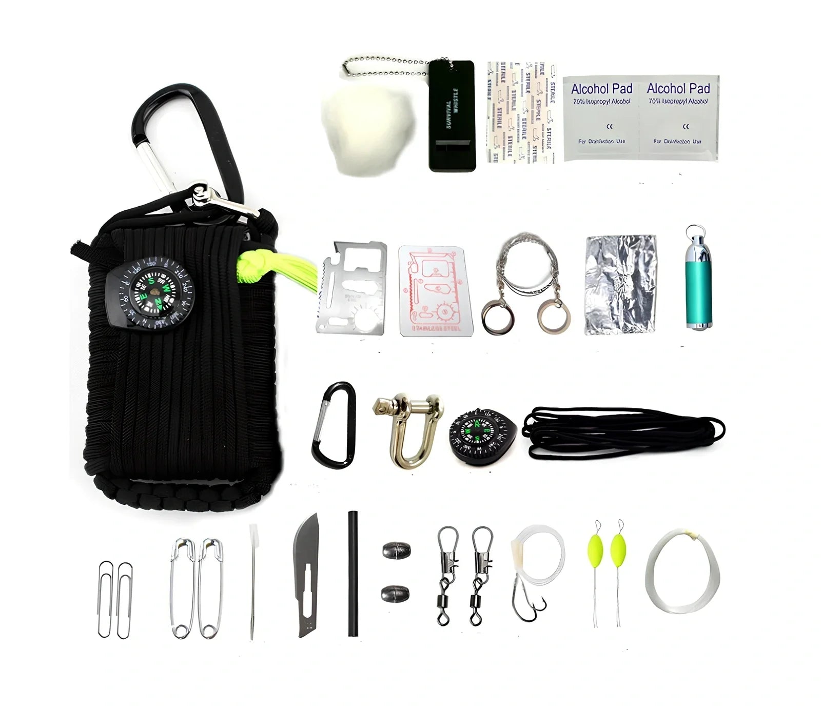 Hand-woven camping survival kit with 10.5m rope containing 25 tools including compass and medical supplies
