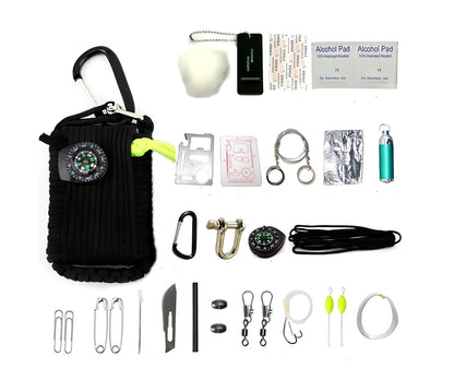 Hand-woven camping survival kit with 10.5m rope containing 25 tools including compass and medical supplies